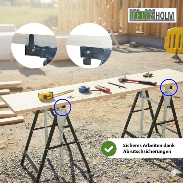 Trutzholm Arbeitsbock aus Metall, höhenverstellbar in sieben Stufen von 80 bis 130 Zentimeter, mit einfachem Stecksystem.