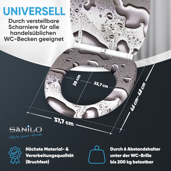 Sanilo WC-Sitz mit Wassertropfen-Motiv, universell, belastbar bis 200 Kilogramm, bruchfest, Maße 37,7 mal 46 bis 48 Zentimeter, Sanilo Logo.