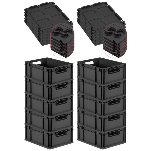 PROREGAL SuperSparSet 10x Eurobox NextGen Color mit Auflagedeckel und Schiebeschnappverschlüsse, HxBxT 17x30x40cm, 16 Liter, Schwarz, Griffe schwarz offen, Eurobehälter, Transportbox, Transportbehälter, Stapelbehälter
