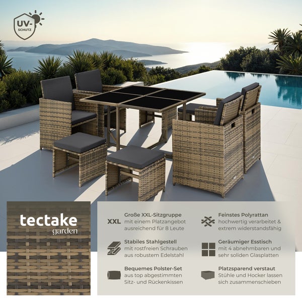 Rattan Sitzgruppe tectake Bilbao zusammenschiebbar, inklusive Schutzhülle für 4 bis 8 Personen natur