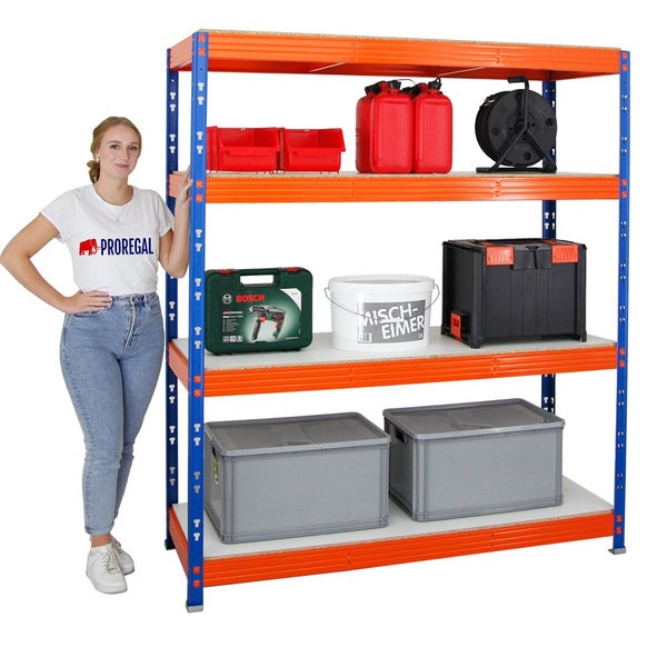 PROREGAL Profi Schwerlastregal Rhino HxBxT 180 x 160 x 60 cm 4 Melamin-Ebenen 16mm Fachlast 500 kg Blau/Orange