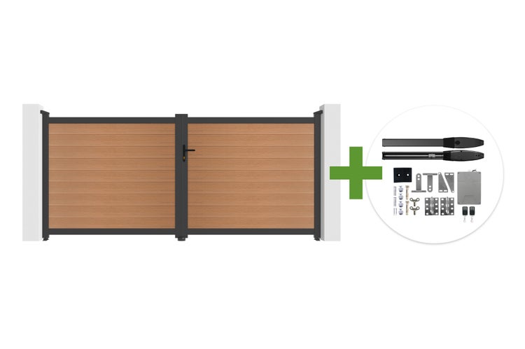 Zweiflügeliges Einfahrtstor in Holzoptik mit anthrazitfarbenem Rahmen inklusive elektrischem Torantrieb und Montagezubehör.