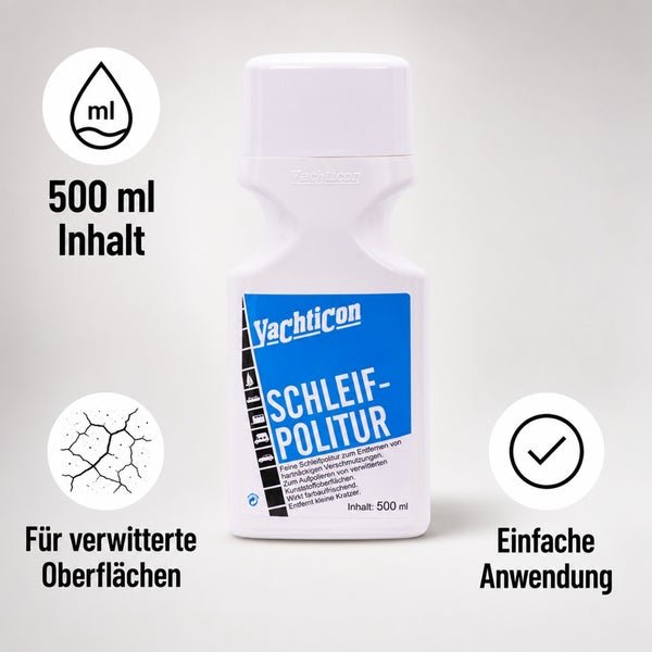 Yachticon Schleifpolitur 500 Milliliter Flasche zur Entfernung von hartnäckigen Verschmutzungen und Kratzern auf Kunststoffoberflächen.