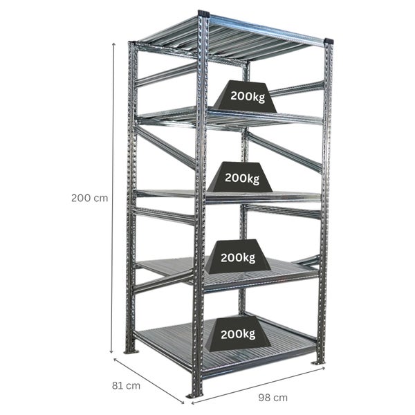 Metallregal mit fünf Ebenen und Gewichtsangaben