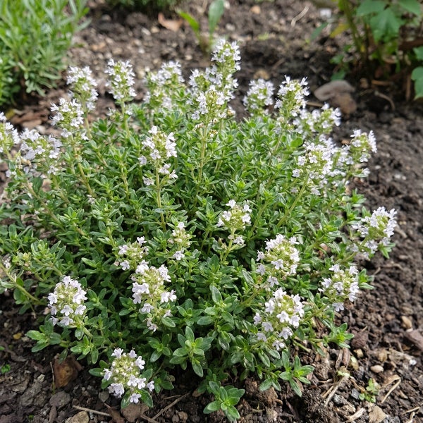 Blühende Thymianpflanze mit kleinen grünen Blättern und weißen Blüten in der Gartenerde.