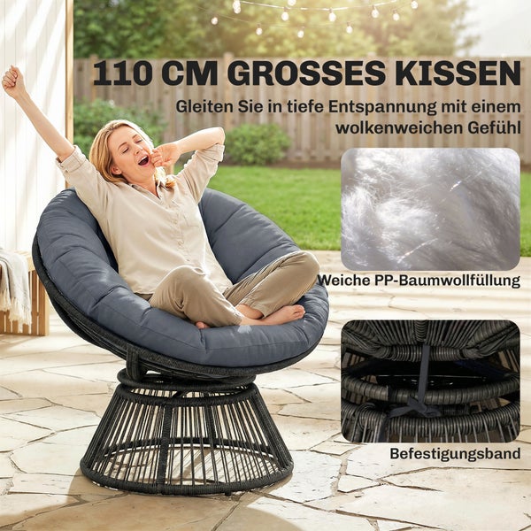 Papasansessel mit rundem Polster und Geflechtgestell aus Kunststoff für Garten und Terrasse.