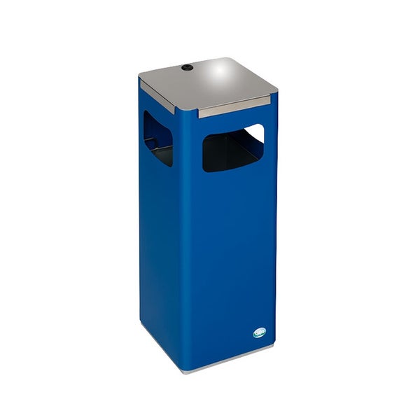 Blauer Standaschenbecher und Abfallbehälter aus Metall, rechteckige Säulenform mit seitlichen Öffnungen, silbernem Deckel und VAR Logo.