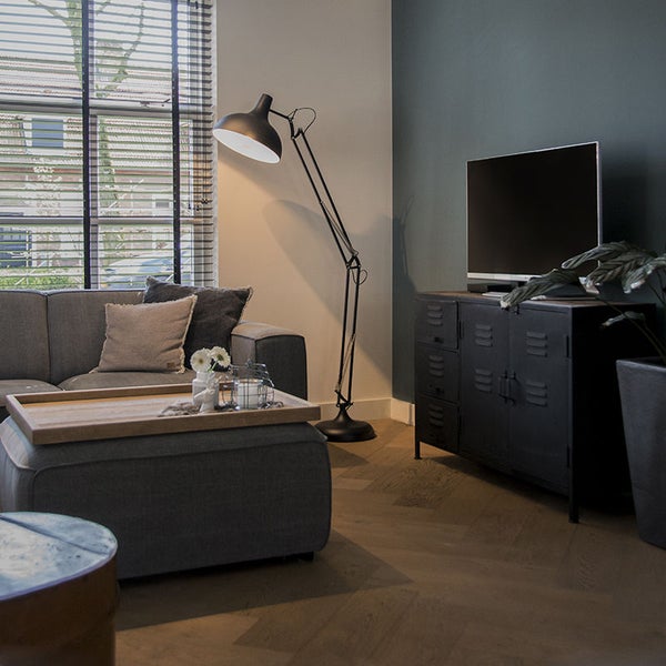Wohnzimmer mit Sofa, Stehlampe und Fernsehschrank