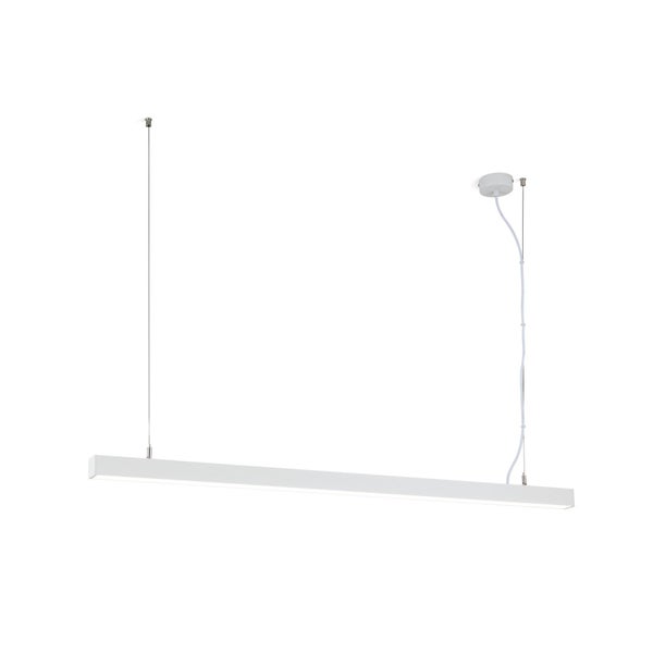 Moderne LED Pendelleuchte in länglicher Form zur Deckenmontage mit Seilabhängung.