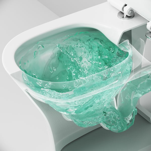 Querschnitt einer Toilette mit Spülwasser im Spülvorgang