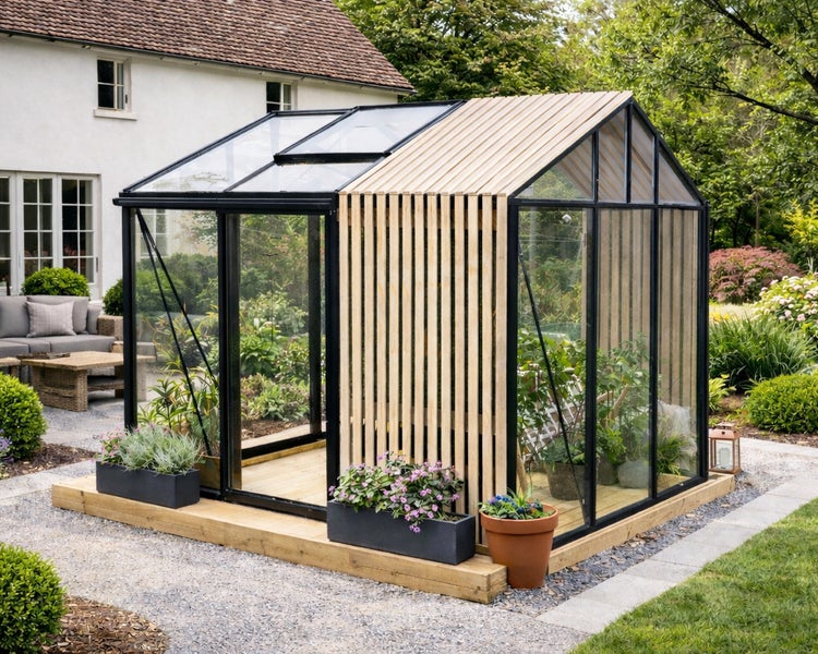 Modernes Gewächshaus aus schwarzem Aluminium, Glas und hellen Holzlatten auf einem Holzfundament in einem hellen, gepflegten Garten.