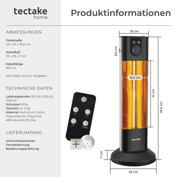 Tectake Home Infrarot Heizstrahler mit Fernbedienung und technischer Zeichnung inklusive Abmessungen, Leistungsstufen und Materialangaben.