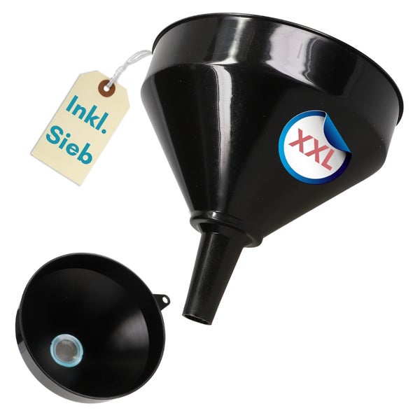 Schwarzer Kunststofftrichter in extra großer Ausführung mit Sieb