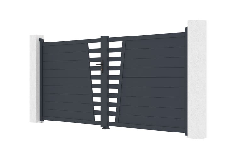 Zweiflügeliges Einfahrtstor aus Aluminium mit horizontalen Lamellen und dekorativem Ausschnitt in der Mitte, montiert zwischen zwei Pfosten.