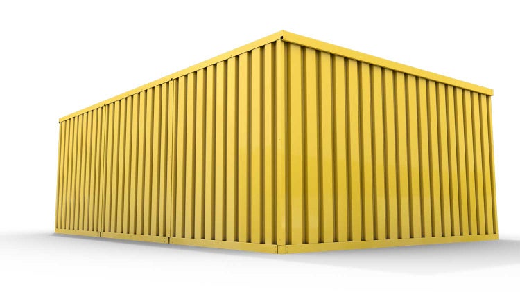 Lagercontainer Gerätehaus XL3  – 32 qm, H2150 x B5080 x T6520 mm, Außenwandlackierung RAL 1003 signalgelb, Dach außen verzinkt, mit Holzfußboden, 1830 mm Doppelflügeltür mittig in Modul D, montiert