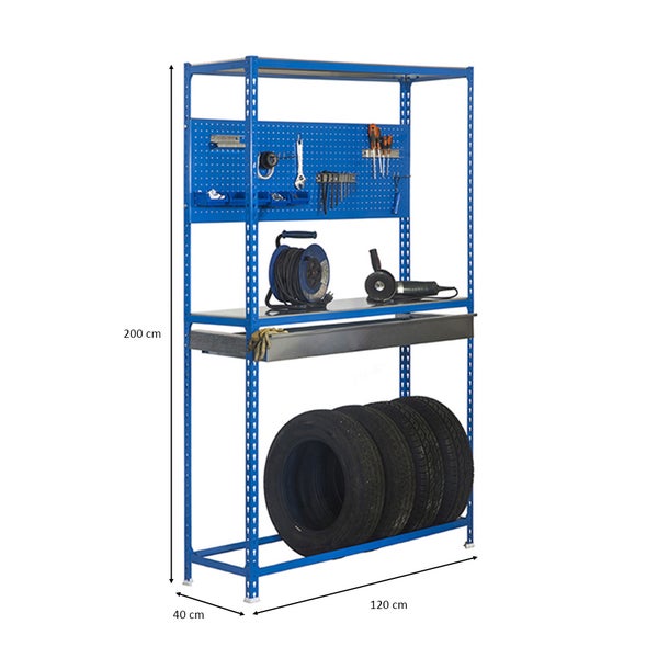 PROREGAL Reifenregal mit Arbeitsfläche und Schubfach Metal Shark NO.5 HxBxT 200 x 120 x 40 cm 6 Reifen Blau