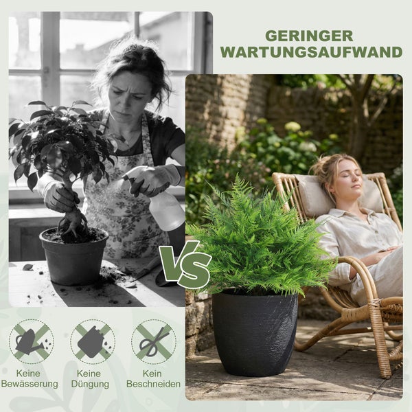 Vergleich einer pflegeintensiven echten Pflanze mit einem wartungsarmen künstlichen Farn im Topf, der kein Gießen, Düngen oder Schneiden erfordert.