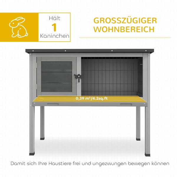 PawHut Hasenstall Kaninchenstall mit aufklappbar Dach Winterfest Hasenkäfig aus Tannenholz Outdoor Kleintierstall Kaninchenkäfig für Kaninchen Hasen Meerschweinchen 84x43x70 cm Grau