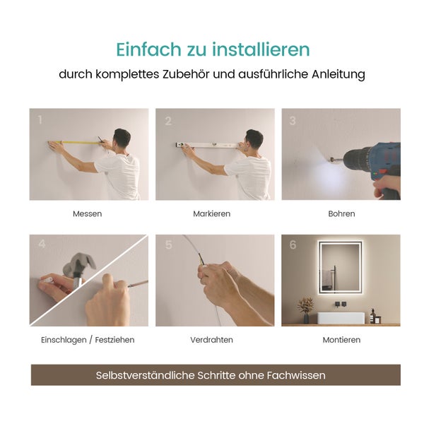 EMKE Badspiegel mit Beleuchtung 60 x 50 cm, LED-Spiegel mit Kippschalter, Anti-Beschlag, Kaltweiß/Warmweiß