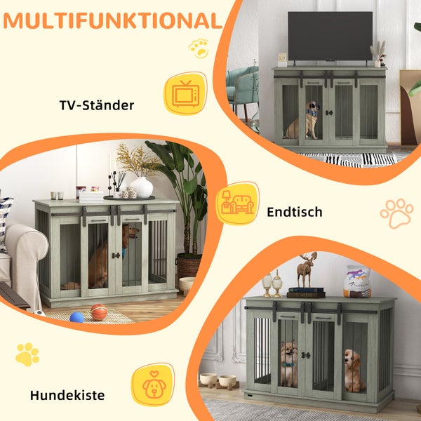 PawHut Hundekäfig, Hundehütte mit Zweiraum-Option, Haustierkäfig mit Doppeltüren, Hundebox, Hundehaus für Mittelegroße Hunde, 120 x 60 x 88,5 cm, Grau