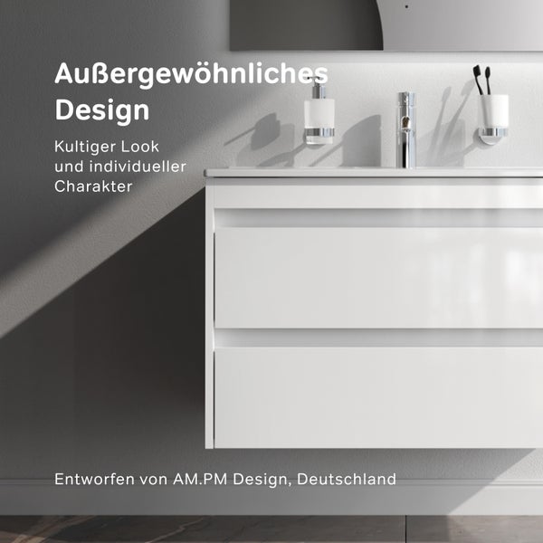 Moderner Waschtischunterschrank mit zwei Schubladen und Armatur, designed von AM.PM Design Deutschland für eine stilvolle Badezimmereinrichtung.