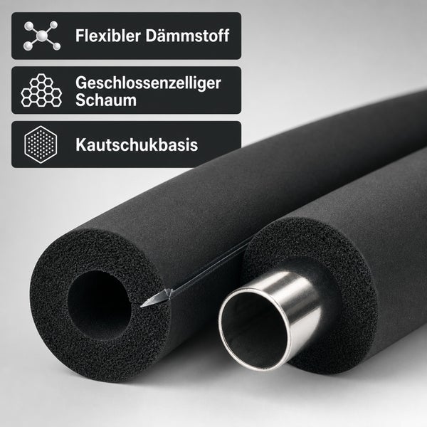 Rohrisolierung aus flexiblem Kautschuk mit geschlossenzelligem Schaum zur Wärmedämmung von Leitungen.