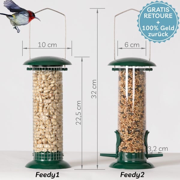 needs&wants® 2er Set: Vogelfutterspender zum Aufhängen Metall Edelstahl Kunststoff, Vogelfutterstation klein Futterstation Vögel Wildvögel