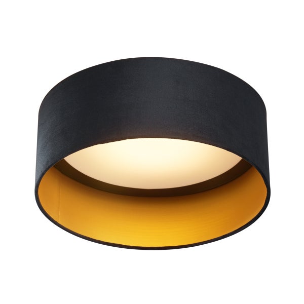 Runde Deckenleuchte mit schwarzem Textilschirm, goldfarbener Innenseite und weißem Diffusor.