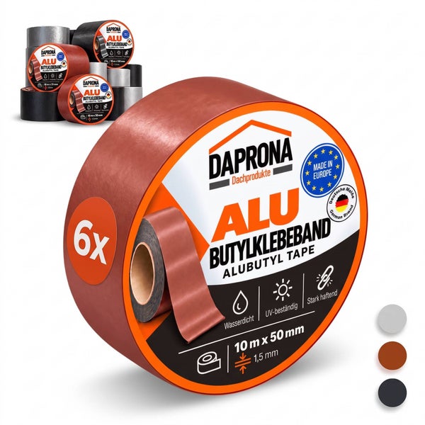 Daprona Aluminium Butylklebeband im Sechserpack, 10 Meter mal 50 Millimeter, wasserdicht und UV beständig zur Dachabdichtung.