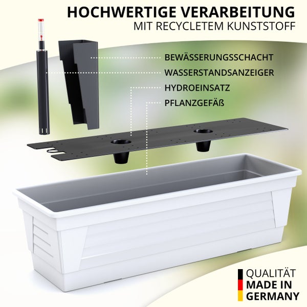 Blumenkasten aus recyceltem Kunststoff mit Bewässerungssystem: Schacht, Wasserstandsanzeiger, Hydroeinsatz und Pflanzgefäß. Qualität Made in Germany.