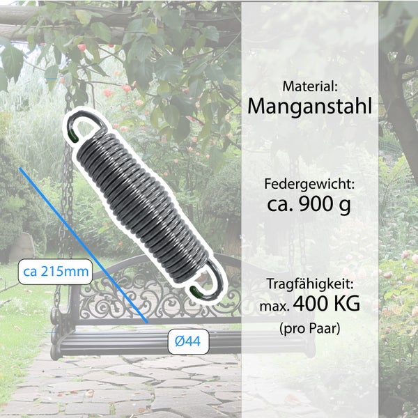 Manganstahl Schaukelfeder für Hollywoodschaukel, Länge circa 215 Millimeter, Durchmesser 44 Millimeter, Tragkraft pro Paar maximal 400 Kilogramm.