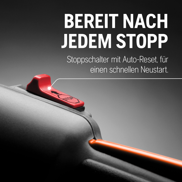 Detailaufnahme eines Stoppschalters mit Auto-Reset für einen schnellen Neustart