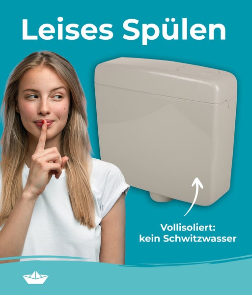 Ein vollisolierter Spülkasten für leises Spülen, der Schwitzwasserbildung verhindert, präsentiert von einer Frau mit Finger auf dem Mund.