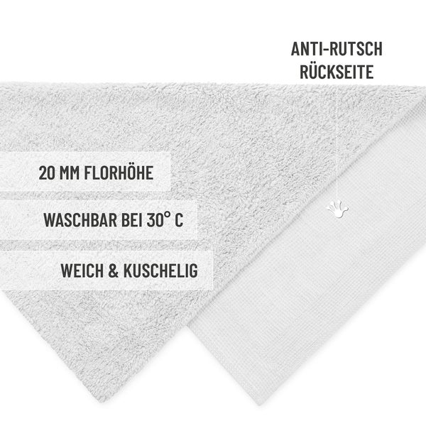 Badematte mit 20 Millimeter Florhöhe, waschbar bei 30 Grad Celsius, weich und kuschelig mit rutschhemmender Rückseite.