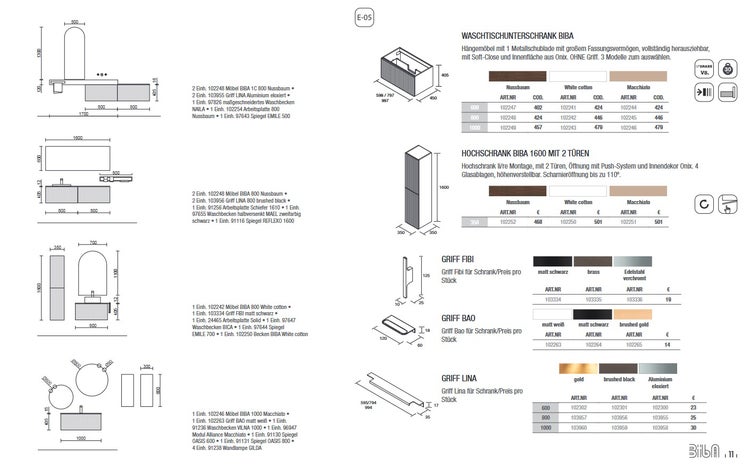 Technische Übersicht der Badmöbel-Serie BIBA mit Maßzeichnungen für Waschtischunterschränke, Hochschränke und verschiedenen Möbelgriffen.