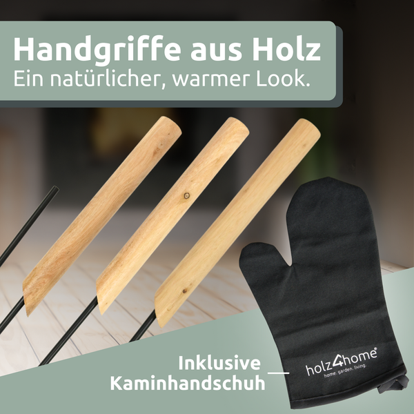 holz4home 6tlg. Kaminbesteck Schwarz mit Holzgriff inkl. Ofenhandschuh