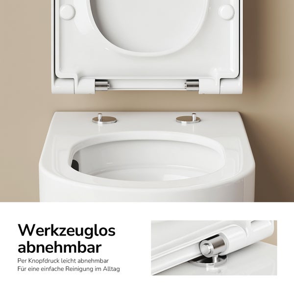 Abnehmbarer WC-Sitz mit Quick-Release-Funktion für eine werkzeuglose Demontage und einfache Reinigung der Toilette.