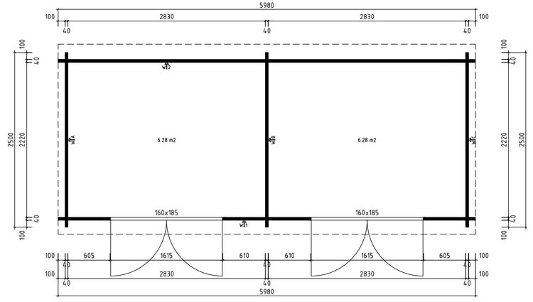 Technischer Grundrissplan für ein Gartenhaus mit zwei Räumen, inklusive Maßangaben in Millimetern und Flächenangaben in Quadratmetern.