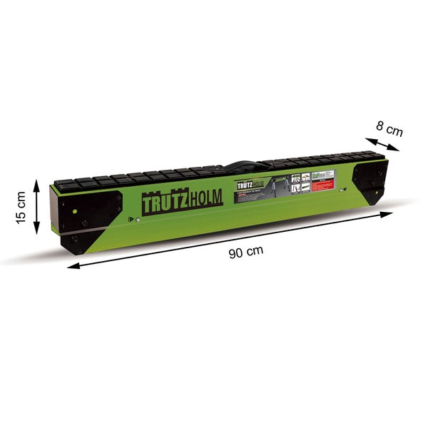 Zusammengeklappter Trutzholm Stahlsägebock mit 90 Zentimeter Länge, 15 Zentimeter Höhe und 8 Zentimeter Breite zur platzsparenden Lagerung.