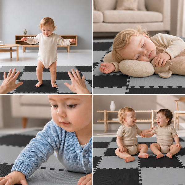 Kleinkind auf einer Puzzlematte aus Schaumstoff in einem Wohnzimmer. Mehrteilige Ansichten zeigen spielende Kinder auf dem Bodenbelag.