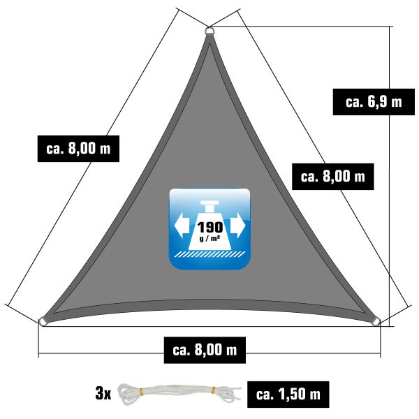 AMANKA 98% UV Schutz: 8x8x8 Sonnensegel Dreieckig Wasserdicht - Terrassendach Sonnenschutz Dreieck - Sonnensegel Garten Sonnenschutz für Trampolin Sonnensegel Pergola D Ring Dreieckig Sonnensegel Pool