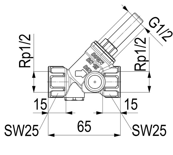 Maßzeichnung einer geprüften Armatur mit Nennweite 15, Gewinde Rp ein halb und G ein halb, Baulänge 65 Millimeter.