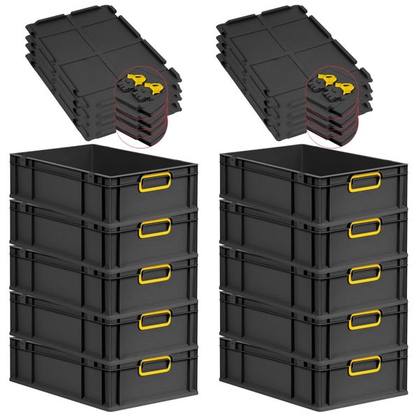 PROREGAL SuperSparSet 10x Eurobox NextGen Color mit Scharnierdeckel und Schiebeschnappverschlüssen, HxBxT 17x40x60cm, 34 Liter, Schwarz, Griffe gelb geschlossen, Eurobehälter, Transportbox, Transportbehälter, Stapelbehälter