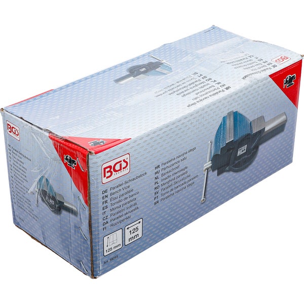 Verpackung eines Parallel Schraubstocks der Marke BGS technic mit 125 Millimeter Backenbreite