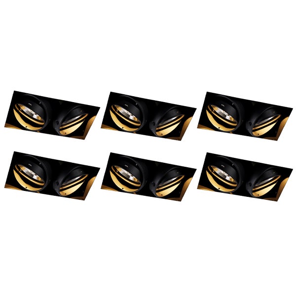 6er-Set Einbaustrahler, zweiflammig, schwenkbar, Schwarz und Gold.