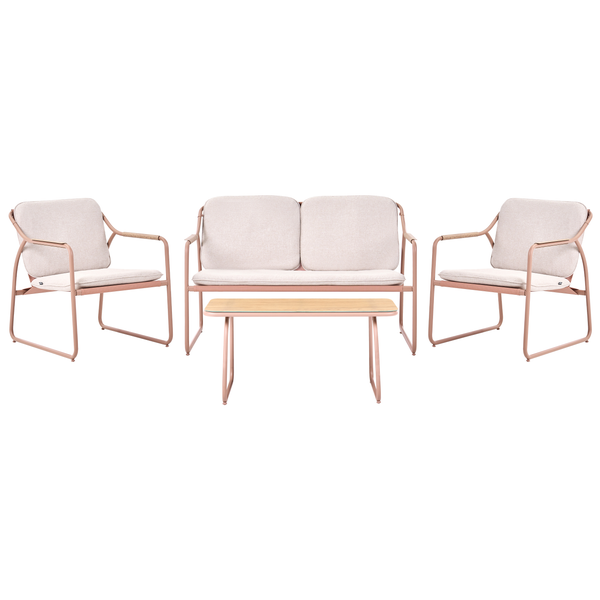 Gartenmöbel-Set bestehend aus einem Sofa für zwei Personen, zwei Sesseln und einem Couchtisch mit Metallrahmen und hellen Polstern.