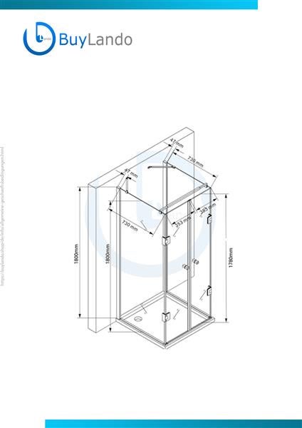 Technische Zeichnung einer Duschkabine mit Maßangaben