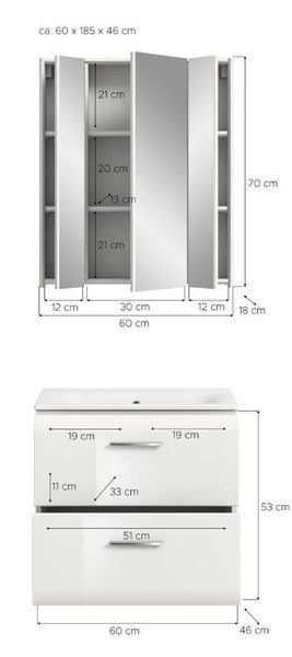 Maße Badezimmermöbel: Spiegelschrank circa 60 mal 70 mal 18 Zentimeter und Waschtischunterschrank circa 60 mal 53 mal 46 Zentimeter.