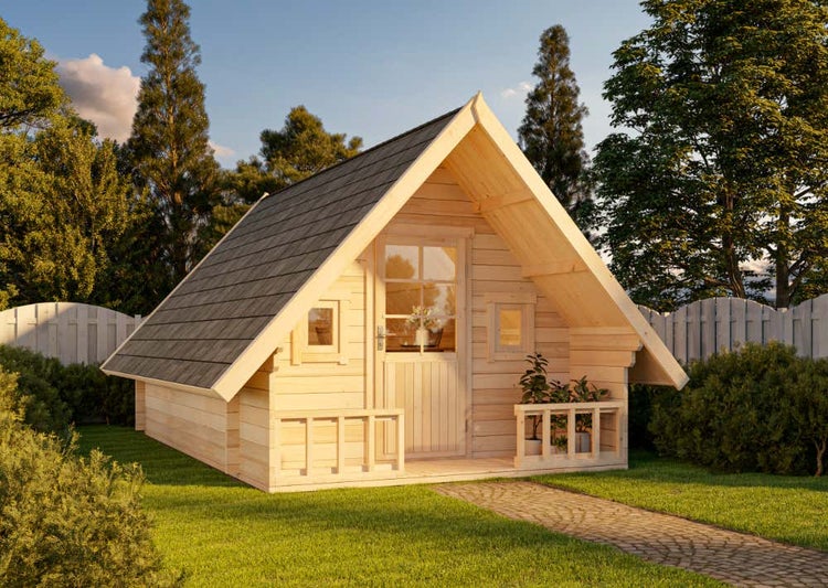 Alpholz Campinghouse 44 ISO Gartenhaus aus Holz, Holzhaus mit 44 mm Wandstärke inklusive Terrasse, Blockbohlenhaus mit Montagematerial