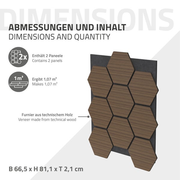 ML-Design 2er Set Akustikpaneele 66x81x2cm für 1m² – Braun, MDF Akustikplatten in Hexagon-Holzoptik, Wandpaneele zur Schalldämmung, Wandverkleidung für Büro, Studio, Schallschutz & Akustikbehandlung